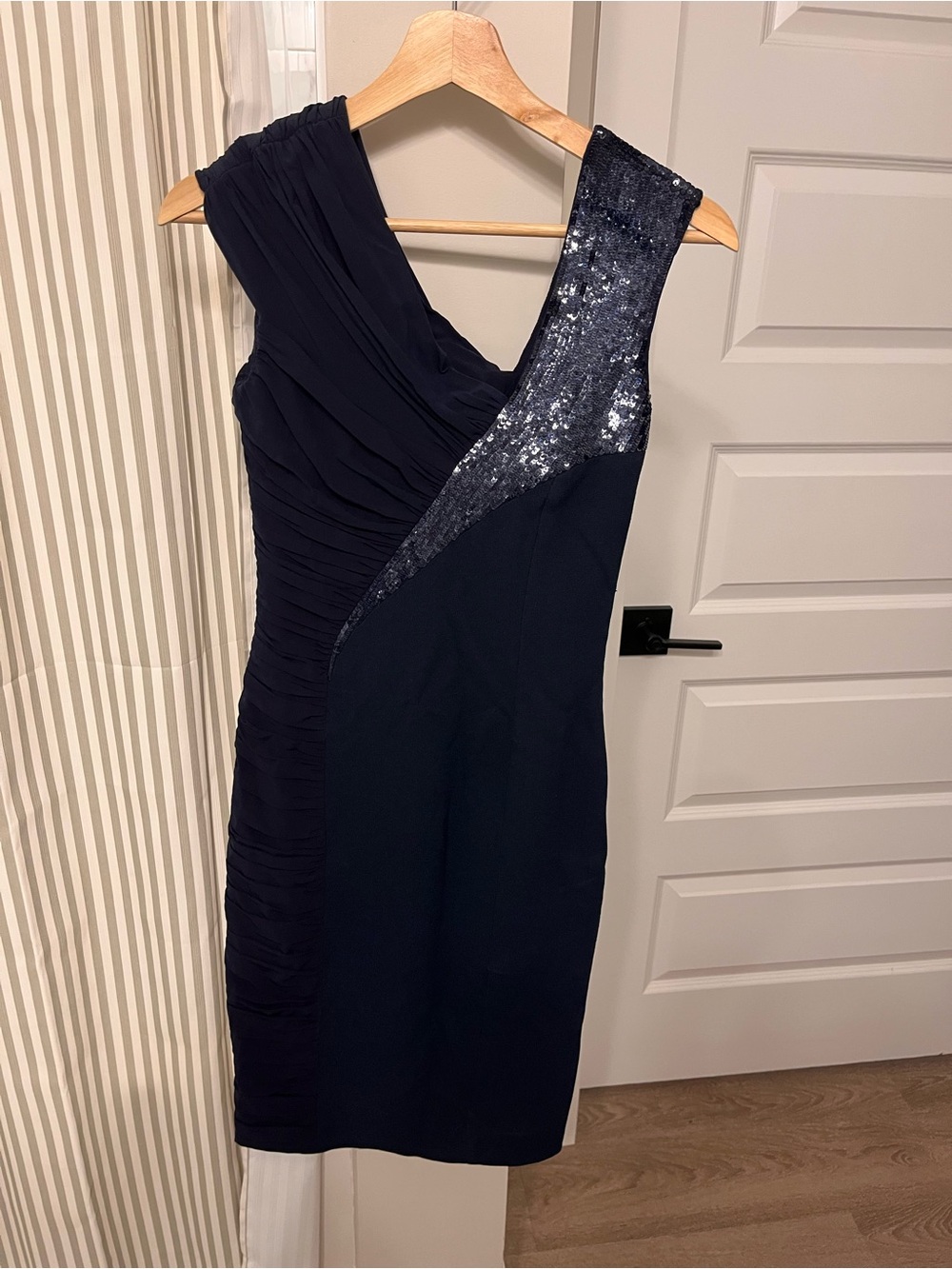 Versace Navy Ruched Sequin-Trim Dress